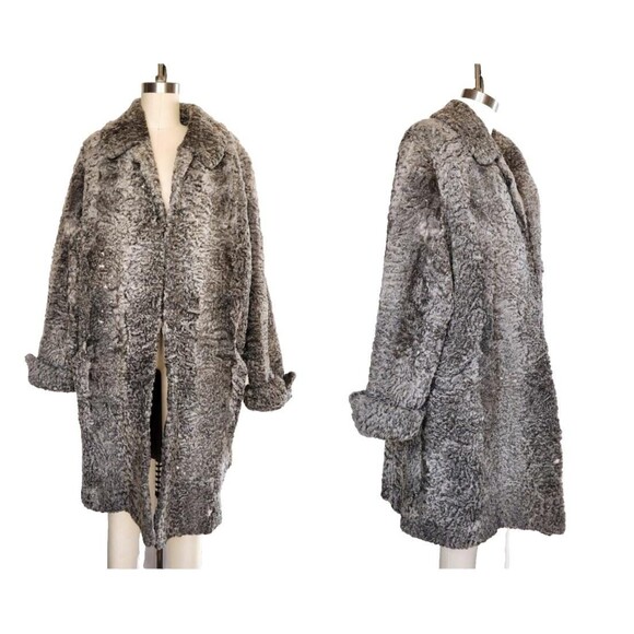 40s 50s Gray Silver Persian Curly Astrakhan Lamb Jacket Coat ITALIAN L XL - Picture 1 of 11